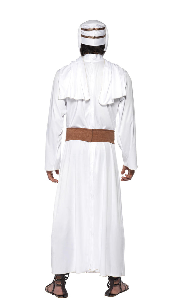 Back of a man wearing a white Arabian costume with a belt and headpiece, suitable for portraying T. E. Lawrence.