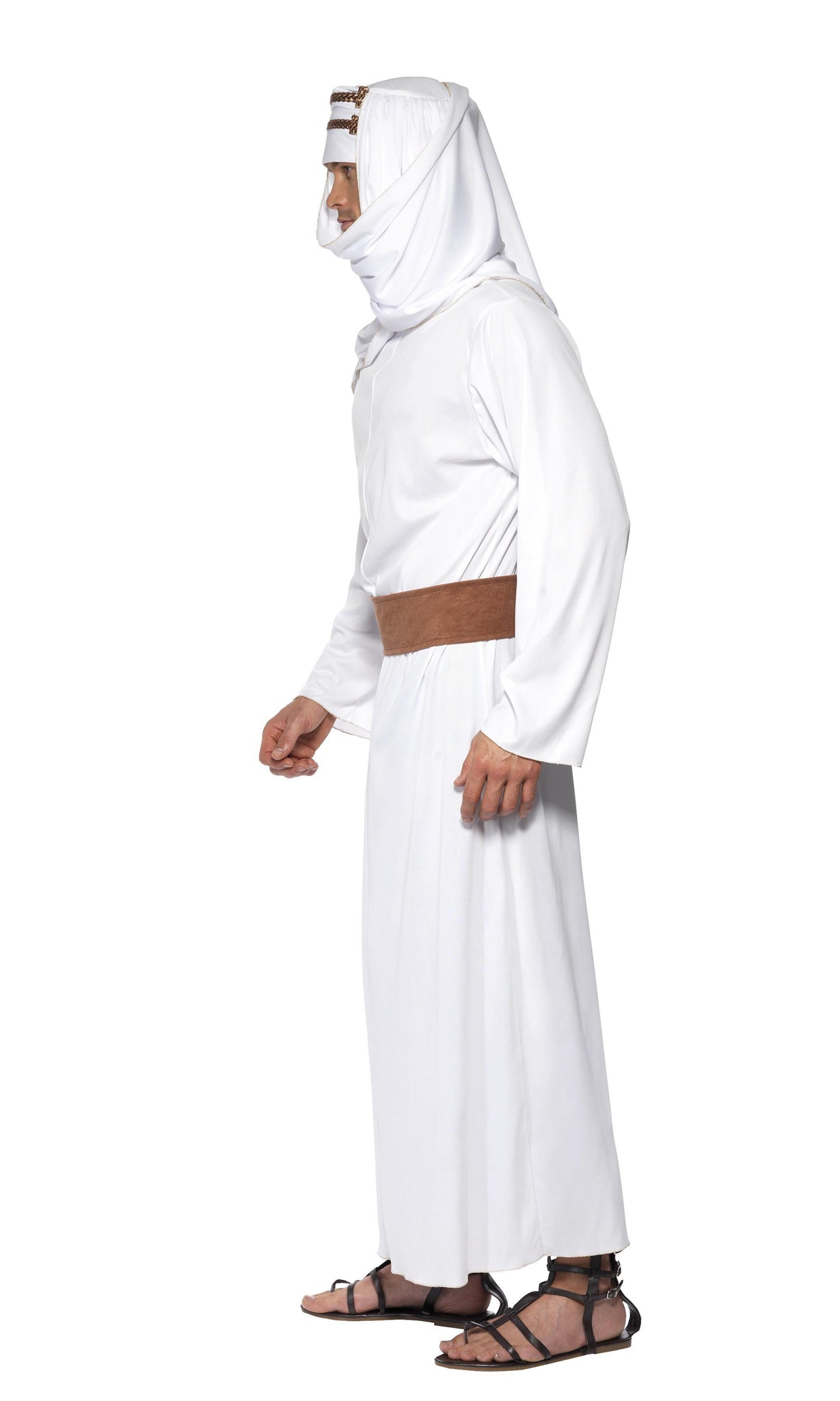 Side of a man wearing a white Arabian costume with a belt and headpiece, suitable for portraying T. E. Lawrence.
