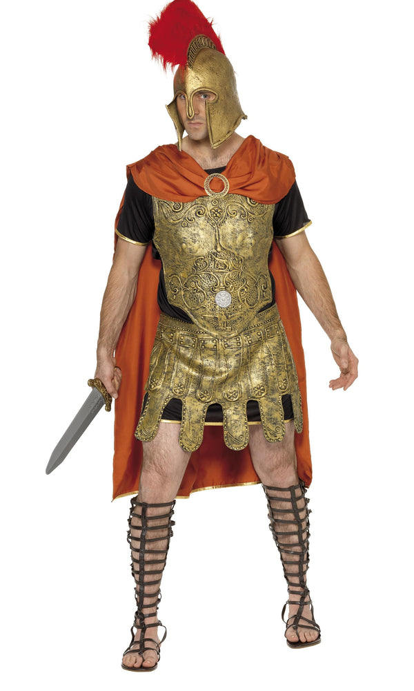A man wearing a golden gladiator costume with helmet and red cape