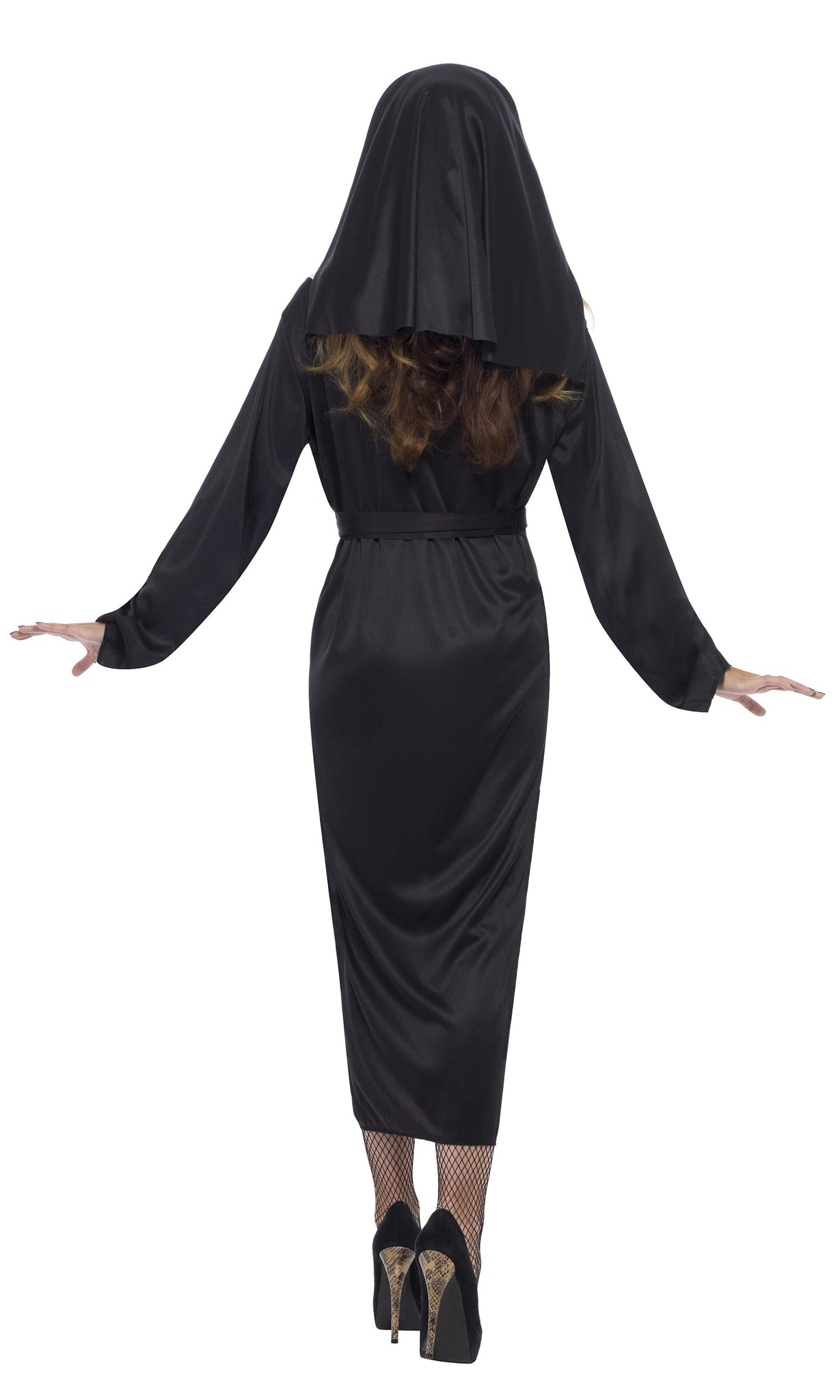Back of nun dress with headpiece and waist sash