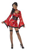 A woman wearing a short red and black geish dress