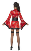 Back view of a woman wearing a short red and black geish dress