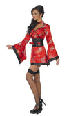 Side view of a woman wearing a short red and black geish dress