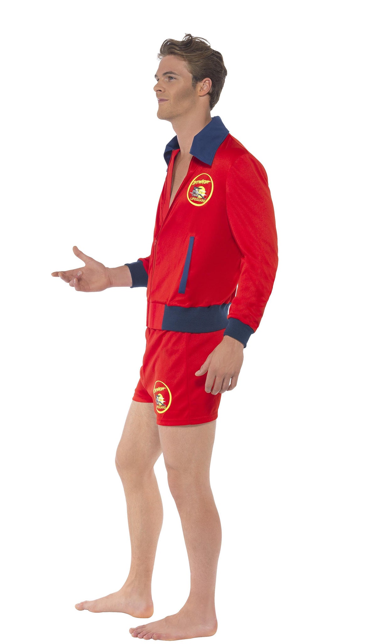 Side of red Baywatch lifeguard costume with jacket and shorts