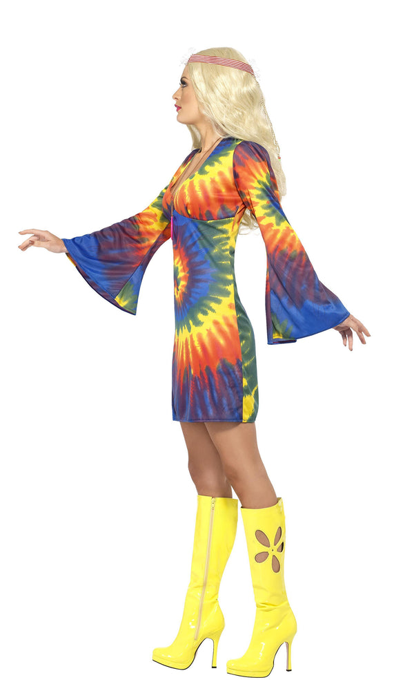 Side of short tie dye hippie dress with flared sleeves