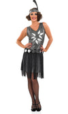 Silver and black flapper dress with tassels and leaf motives and matching feather headband