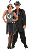 Silver and black flapper dress with leaf motives and matching feather headband next to male gangster