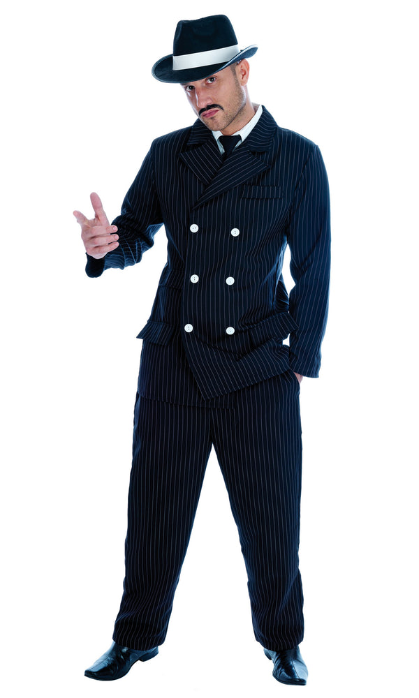 Men's black pin stripe gangster suit with shirt and tie insert