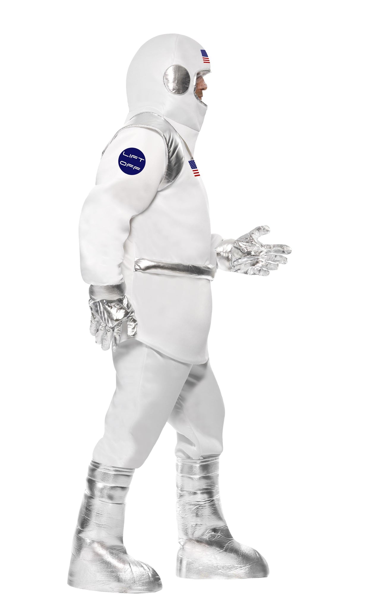 Side of white padded spaceman suit with USA flag badge, helmet and boot covers