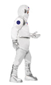 Side of white padded spaceman suit with USA flag badge, helmet and boot covers