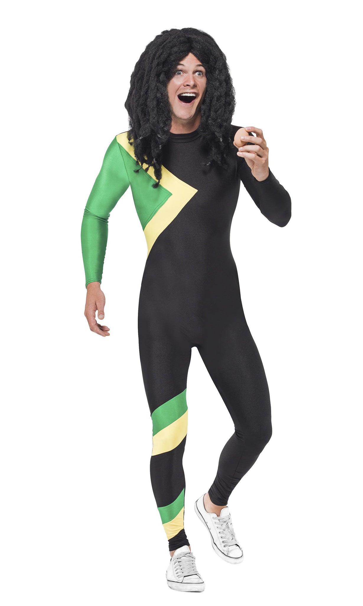 Jamaican bobsleigh jumpsuit in black, green and yellow flag style