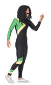 Side of Jamaican bobsleigh jumpsuit in black, green and yellow flag style