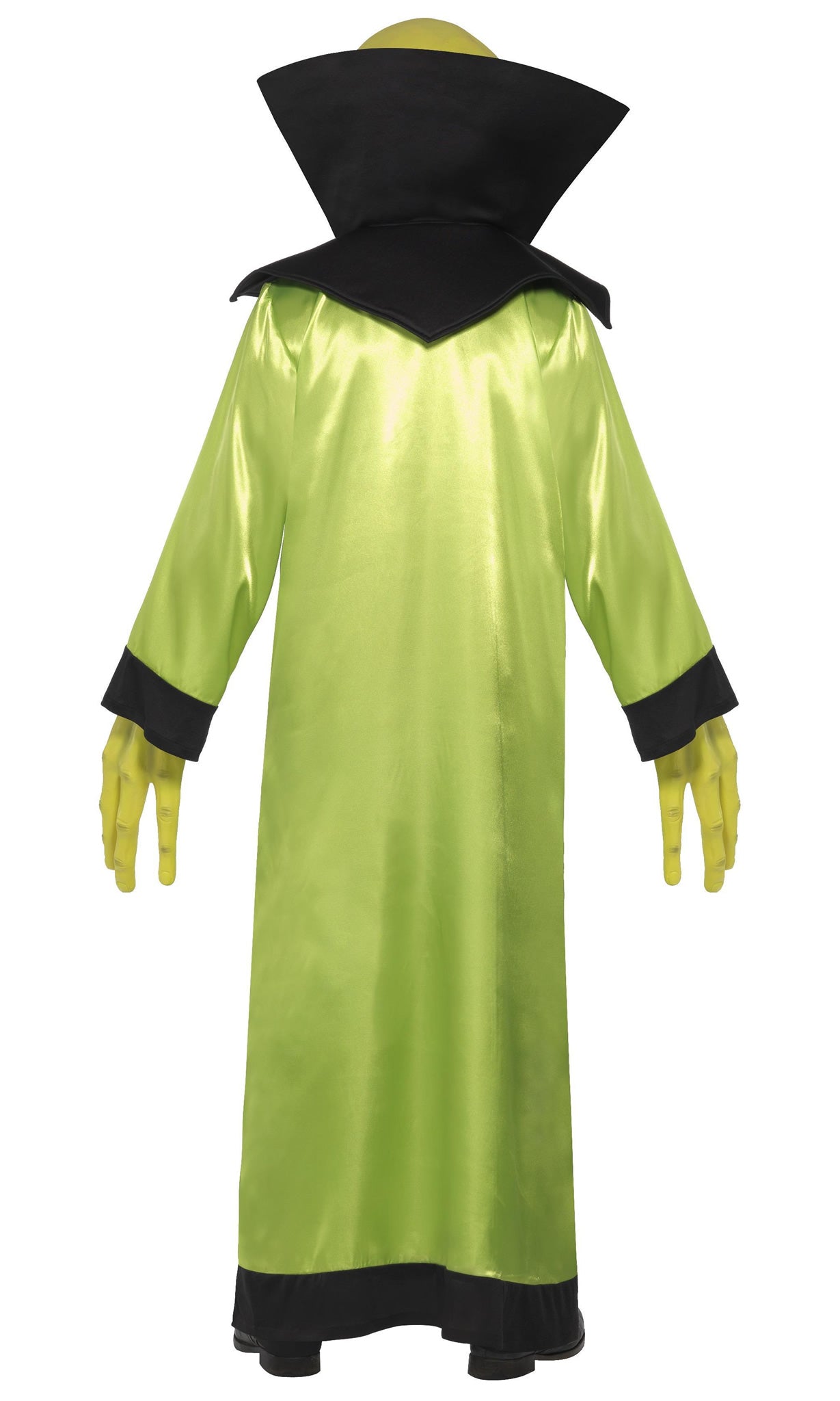 Back of long green and black alien robe with full mask and long alien hands