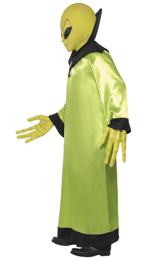 Side of long green and black alien robe with full mask and long alien hands