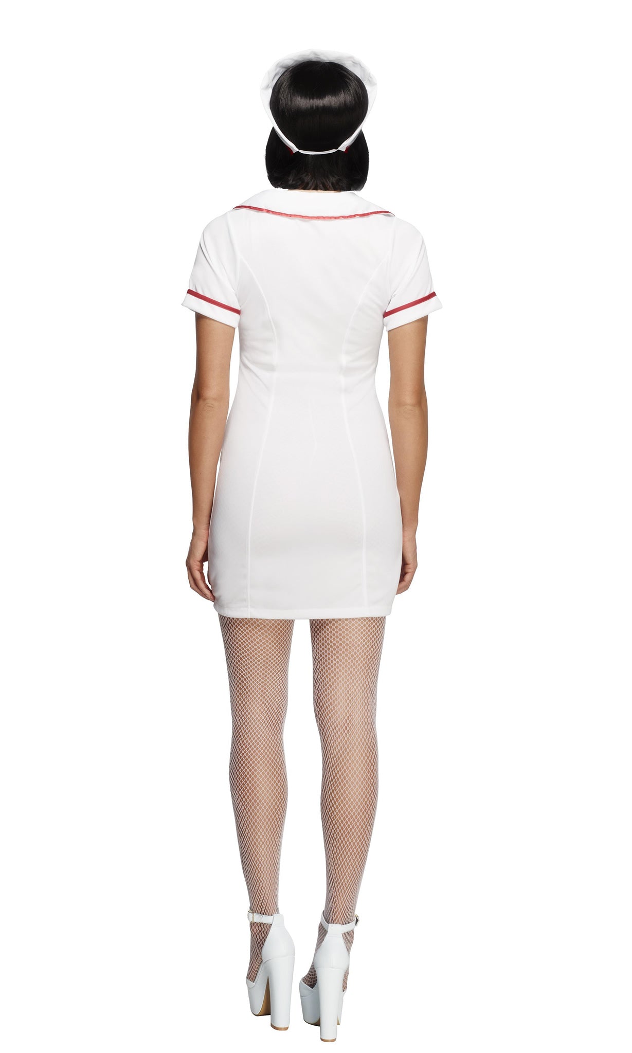 Back of short white nurse dress with matching hat