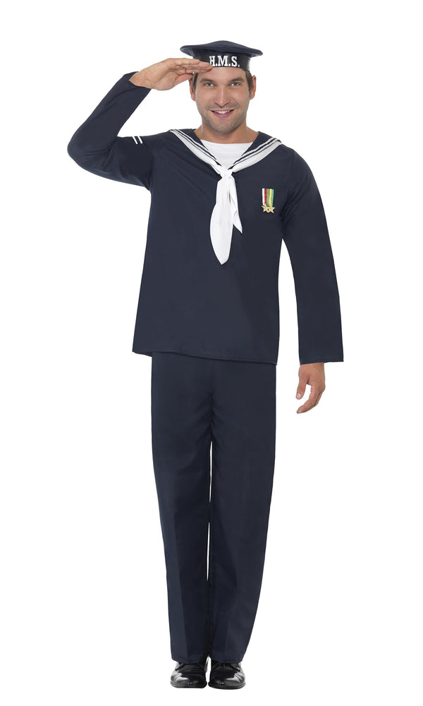 Navy blue sailor costume top, pants ant hat with H.M.S. logo
