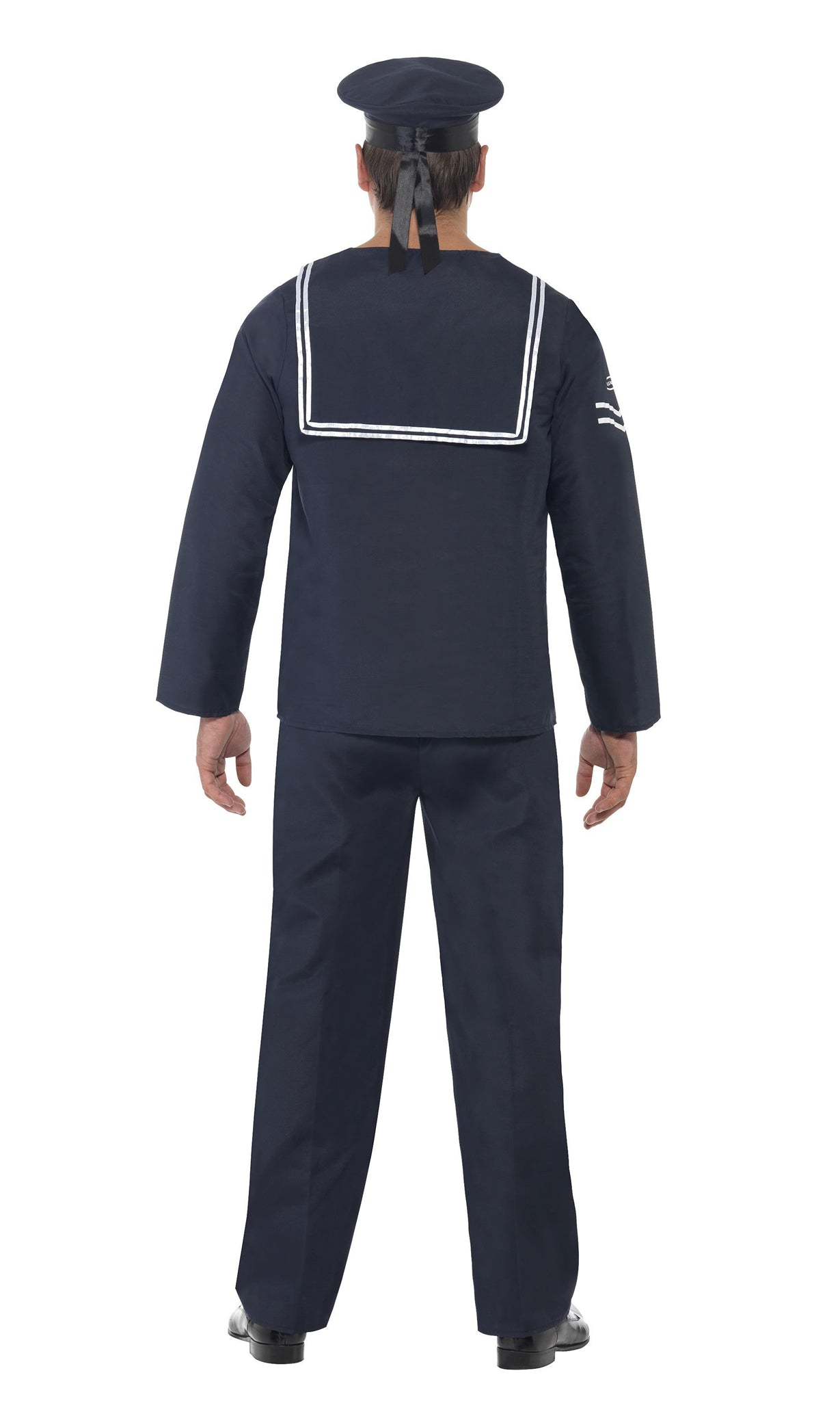 Back of navy blue sailor costume top, pants ant hat with H.M.S. logo