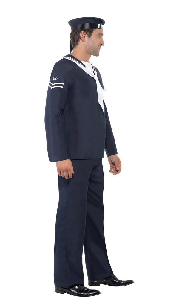 Side of navy blue sailor costume top, pants ant hat with H.M.S. logo