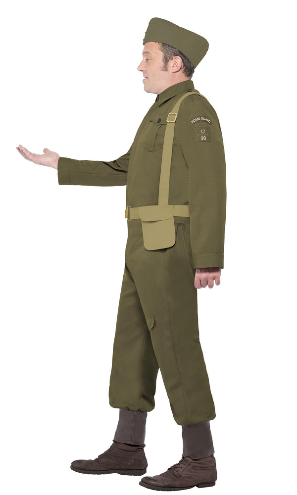 Side of khaki home guard costume with hat and belt harness
