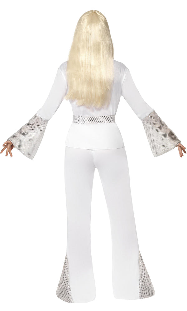 Back of white Abba disco costume pants and top with belt