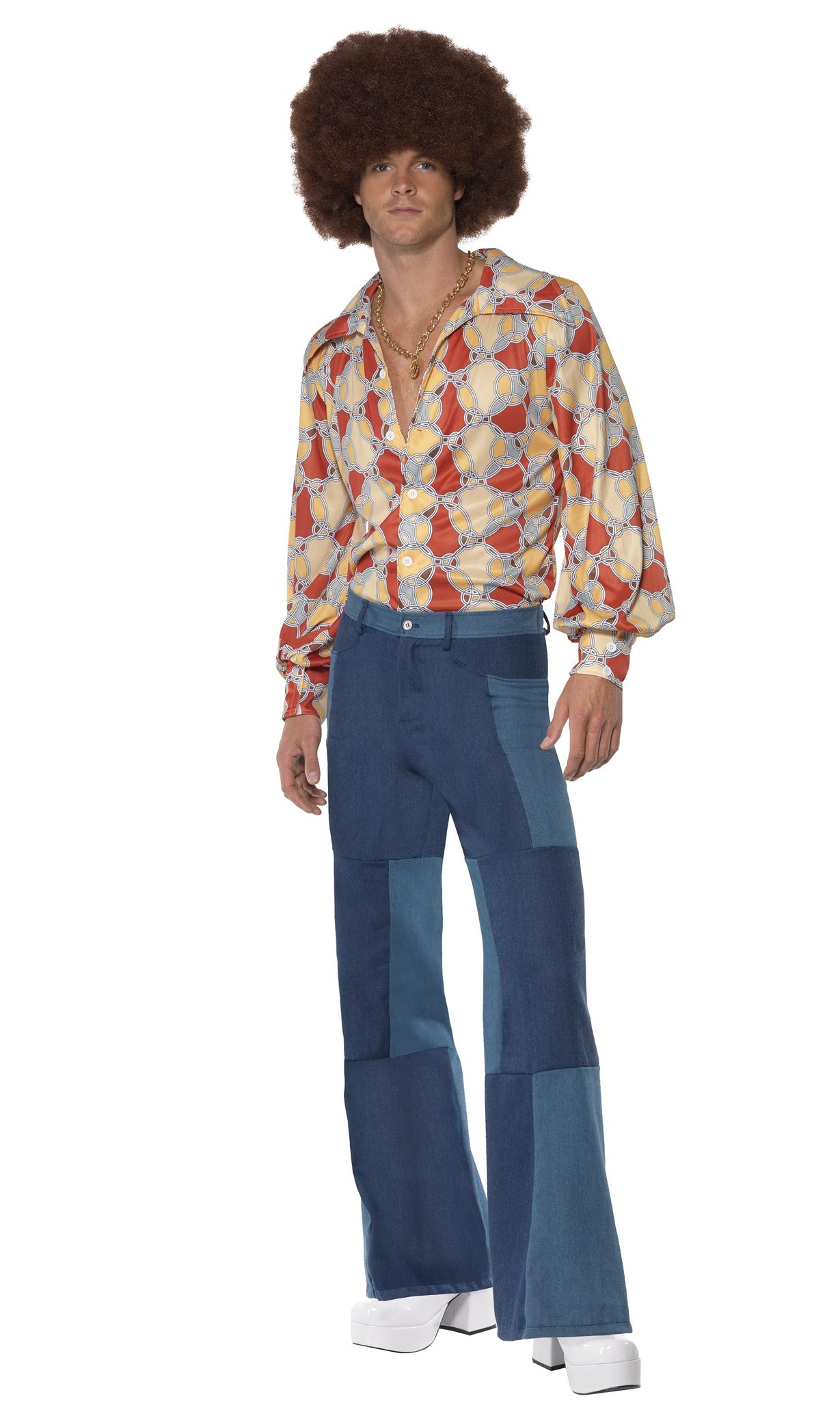 70s retro shirt with blue denim tight flared pants