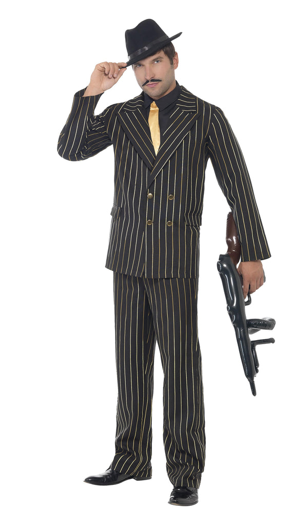 Black gangster or 20s style costume suit with gold pinstripes, shirt front with tie and hat