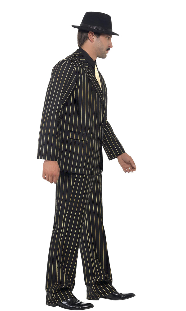 Side of black gangster or 20s style costume suit with gold pinstripes