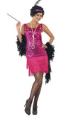 Short pink flapper dress with headband and necklace