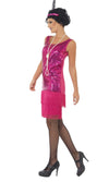 Side of short pink flapper dress with headband and necklace
