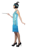 Side of blue sequin flapper dress with headband and necklace