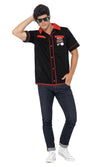 1950s black bowling shirt with red trim and tenpin logo