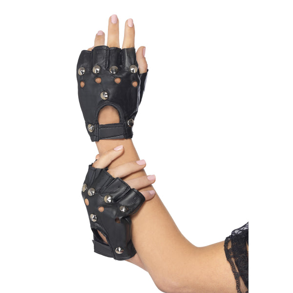 Finglerless black punk gloves with studs