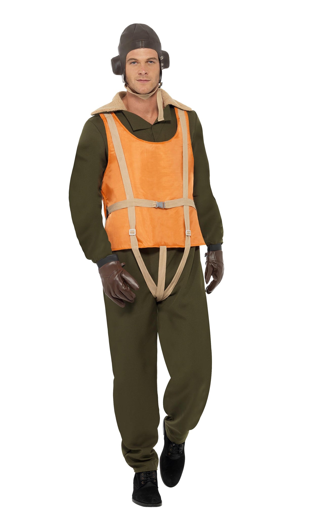 1940s aviator costume with orange life jacket, gloves, hat and jumpsuit