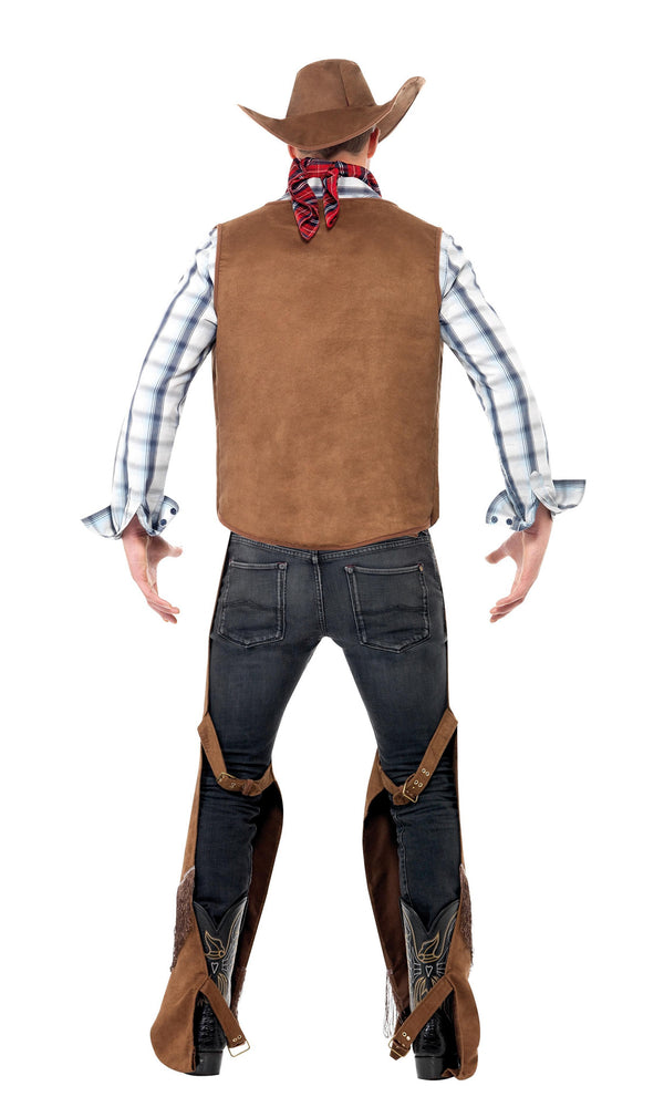 Back of cowboy costume in brown with chaps, waist coat, hat and scarf