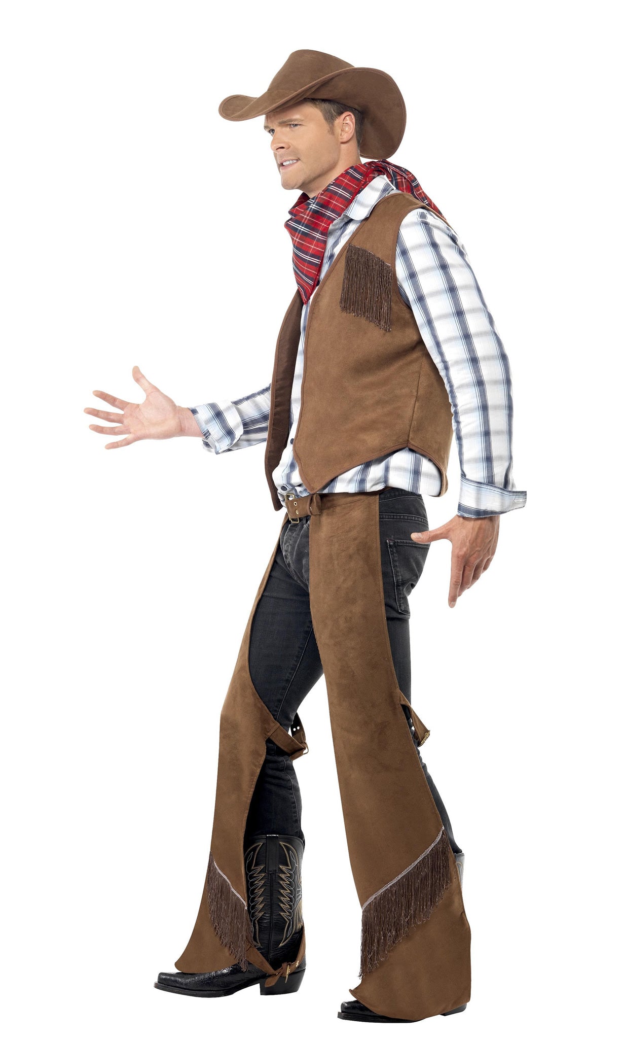 Side of cowboy costume in brown with chaps, waist coat, hat and scarf