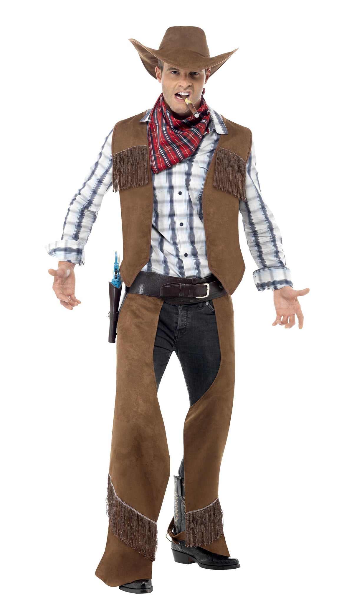 Cowboy costume in brown with chaps, waist coat, hat and scarf