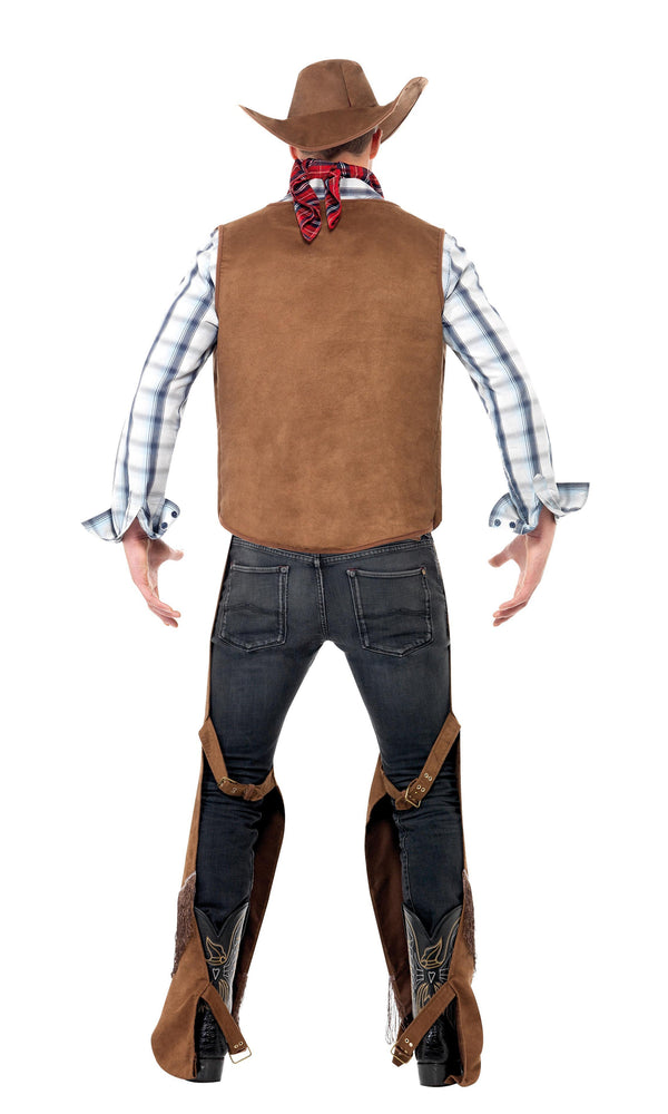 Back of cowboy costume in brown with chaps, waist coat, hat and scarf
