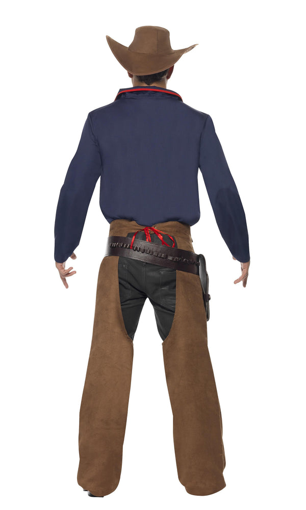 Back of blue rodeo shirt with brown hat and chaps