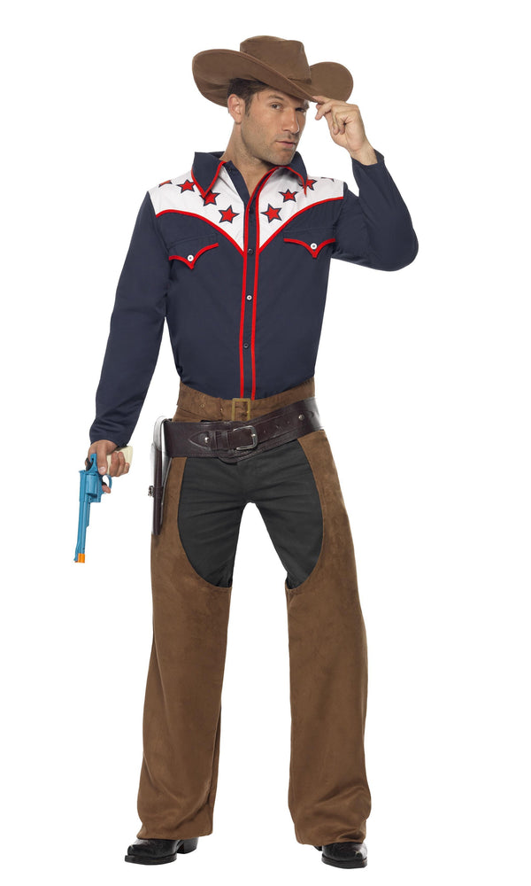 Blue rodeo shirt with red stars and brown hat and chaps