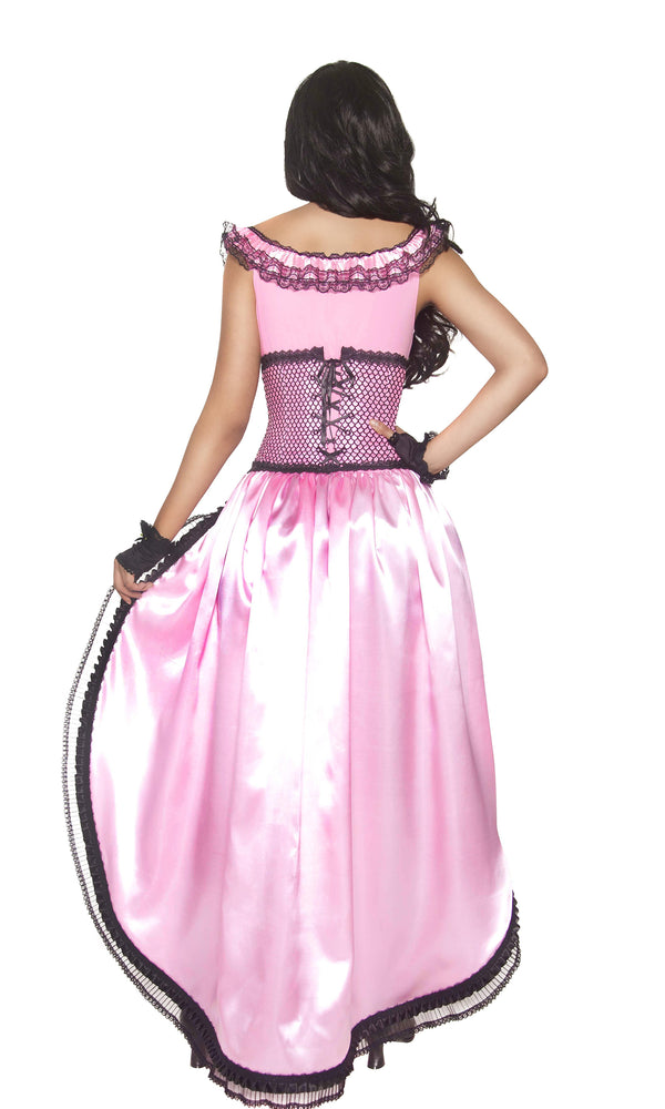 Back of a model wearing a pink corset and dress with black accents and a flared skirt, posing against a white background.