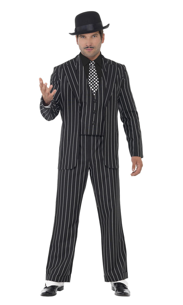 Black and white pinstripe gangster costume with black hat, mock shirt front and tie and vest front