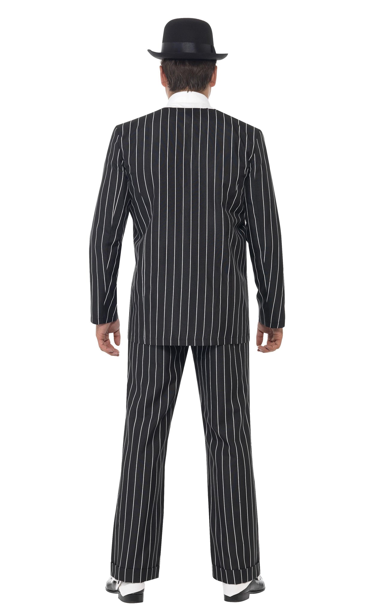 Back of black and white pinstripe gangster costume with black hat, mock shirt front and tie and vest front