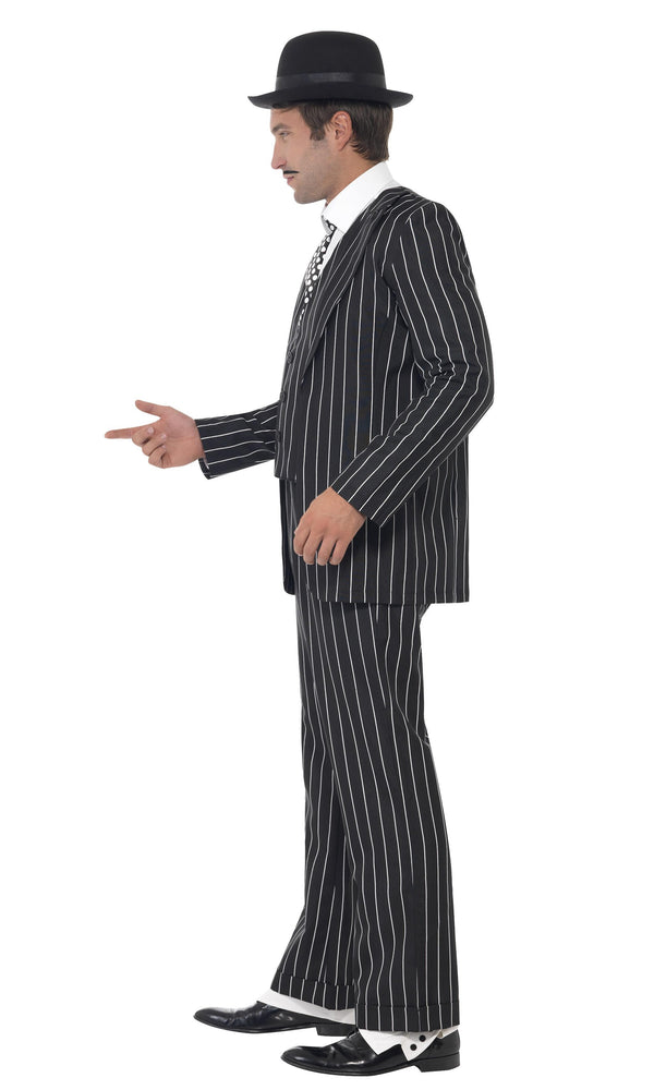 Side of black and white pinstripe gangster costume with black hat, mock shirt front and tie and vest front