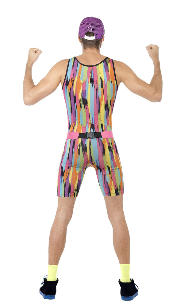 Back of men's multi colour aerobics workout costume with purple hat and bum bag