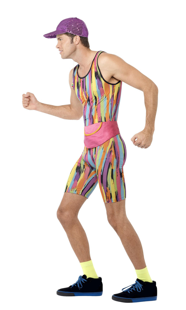 Side of men's multi colour aerobics workout costume with purple hat and bum bag