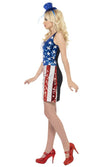 American flag style sequin dress shown with blue hat, side view