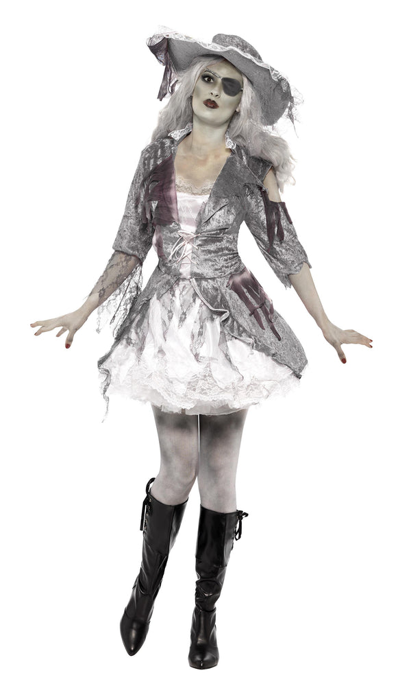 A female model wearing a silver and white pirate costume with a jacket, dress, and attached petticoat, posing with a pirate-style hat.