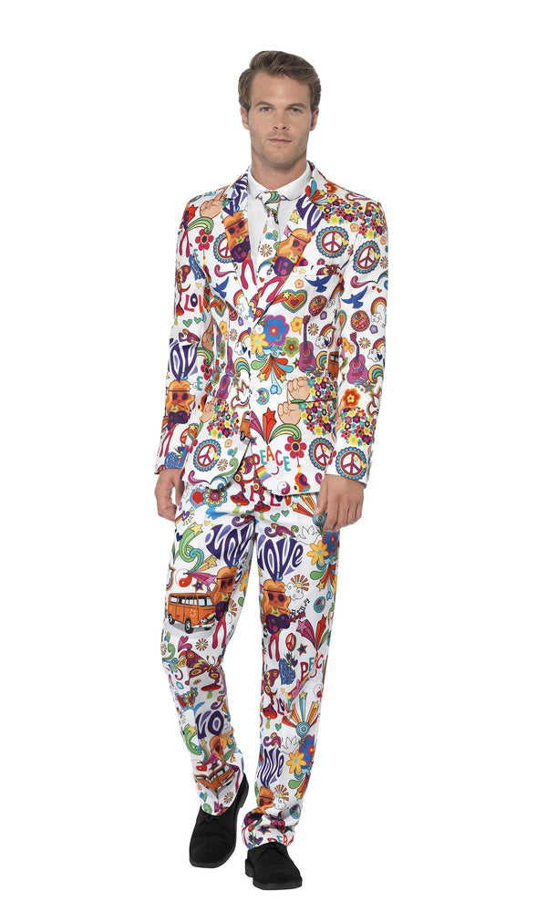 Hippy suit jacket, pants and tie with 70s images