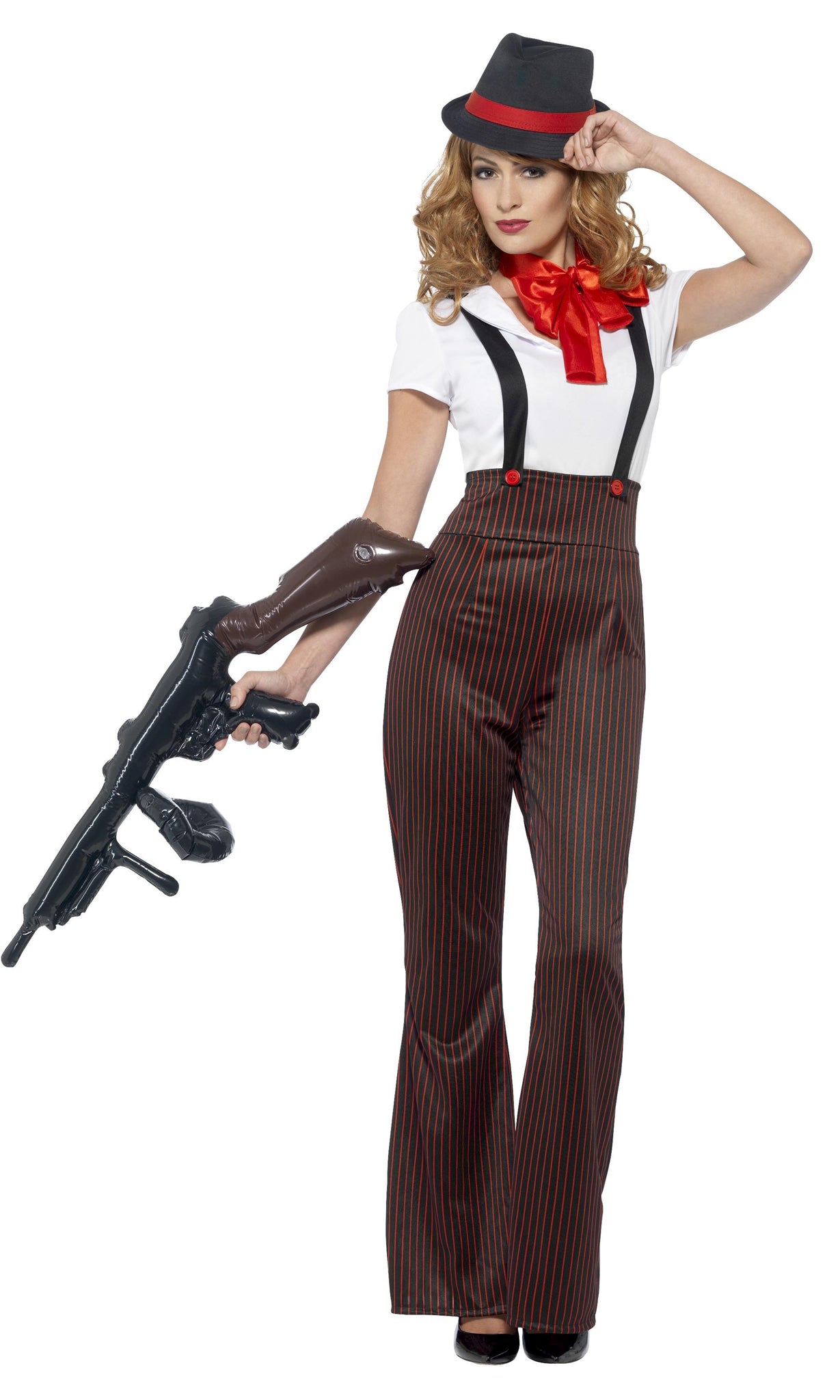 Pin stripe woman's gangster costume with mock braces and hat with red band