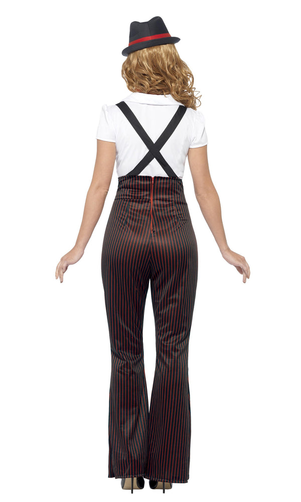 Back of pin stripe woman's gangster costume with mock braces and hat with red band